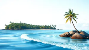 Tropical paradise beach scene with clear turquoise water.