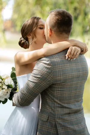 Happy Wedding Couple Outdoors Smiling Happily