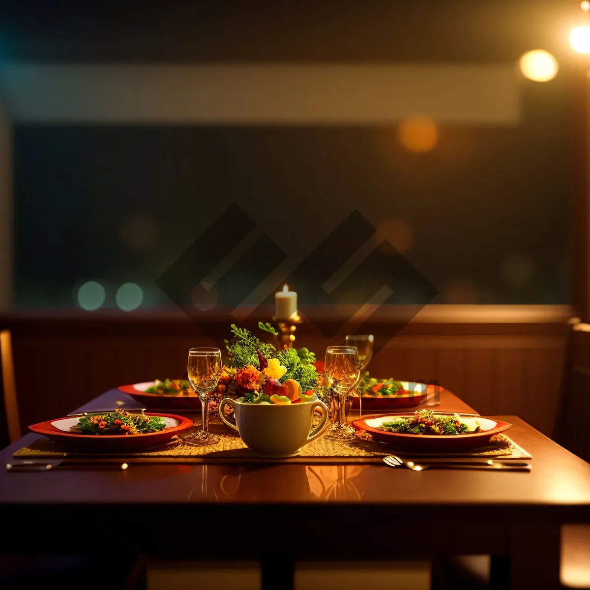 Picture of Nighttime Dining Table with Stylish Lamp Illumination