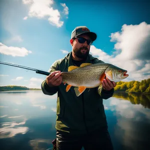 Happy fisherman with a bass catch outdoors.