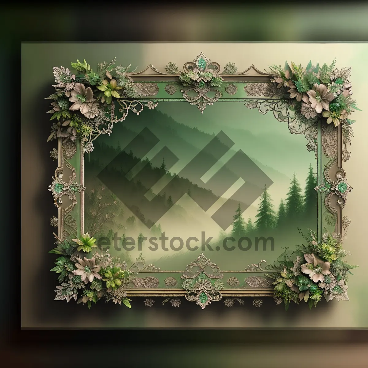 Picture of Frame with Tree and Plant in Aquarium Decoration with Flowers