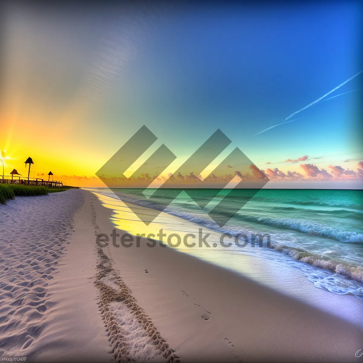 Picture of Serenity at Sunset: Beach Horizon Reflection.