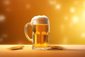 Golden frothy beer in transparent glass mug.