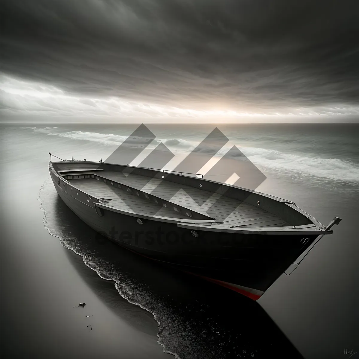 Picture of Serene Sunset on Water: Beach, Boat, and Sky