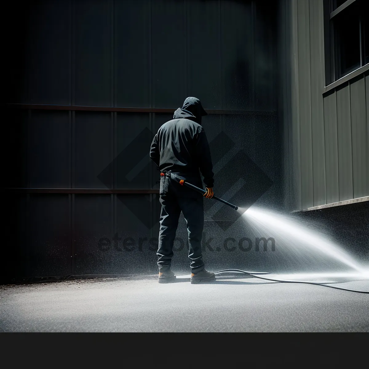 Picture of Active male hockey player with stick, cleaning the ice.