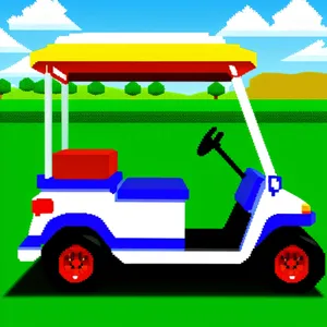 Golfer Cartoon Contestant at Golf Course Facility with Car