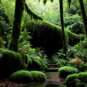 Lush Rainforest Foliage in Tranquil Woodland Environment