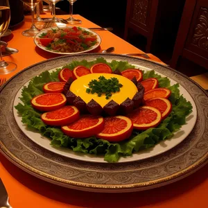 Delicious Gourmet Dinner Plate with Fresh Vegetables and Meat