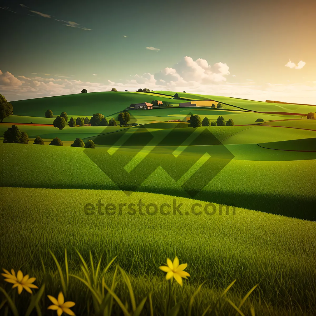 Picture of Serene Summer Countryside Landscape with Clear Horizon