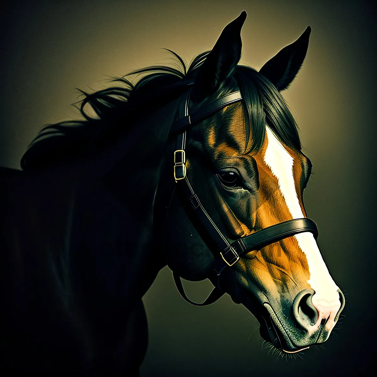 Picture of Majestic Thoroughbred Stallion in Equestrian Headgear.