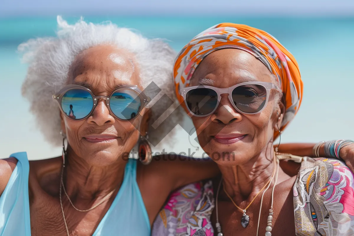 Picture of Smiling male couple at the beach in sunglasses