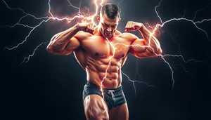 Muscular man posing in dark studio portrait.