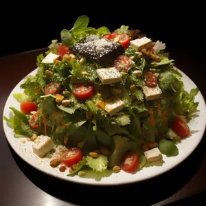 Fresh and healthy gourmet salad with cheese and vegetables