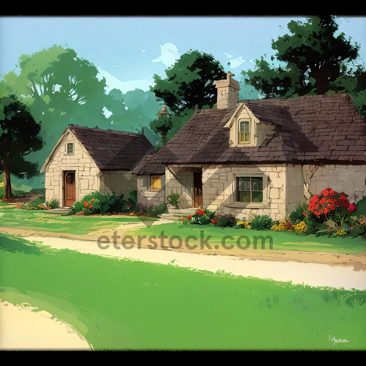 Picture of Charming country bungalow with lush landscaping and brick roofing.