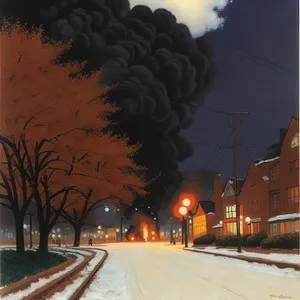 Snowy Night Cityscape with Urban Architecture and Semaphore
