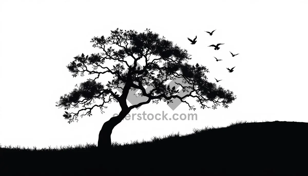 Picture of Sunny silhouette of oak tree in summer landscape