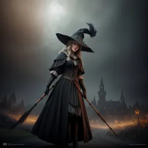 Stylish Warrior in Black Cloak with Sword and Hat