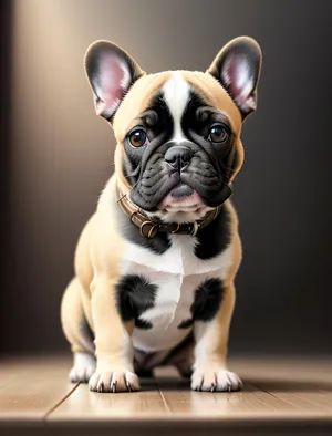 Seated gracefully in a studio, a cute bulldog puppy with adorable wrinkles steals the spotlight
