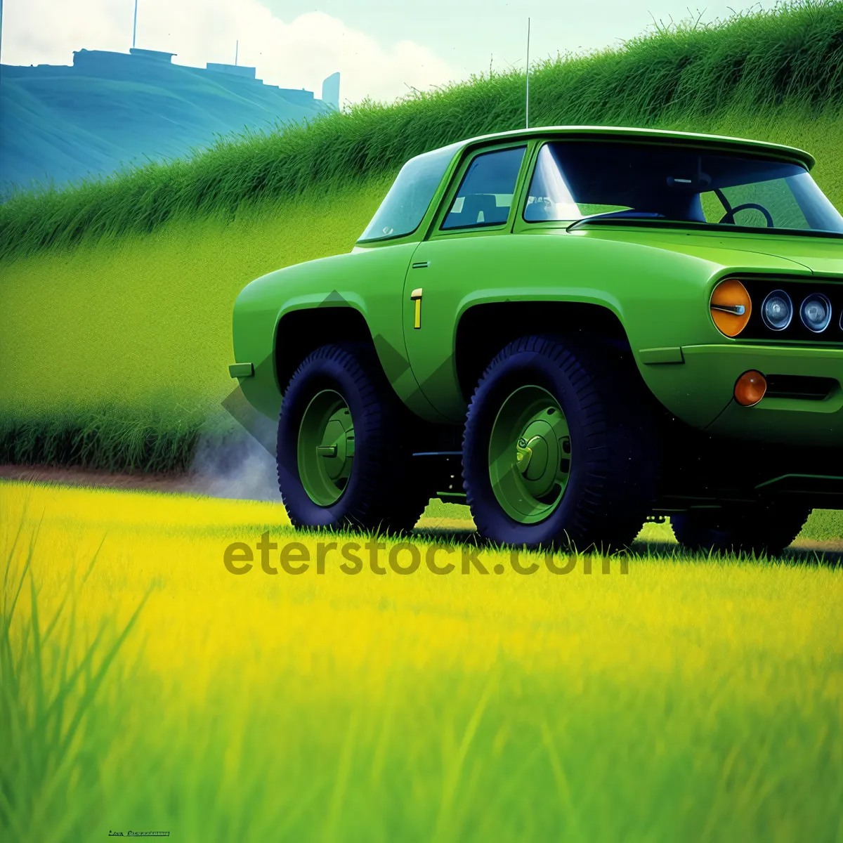 Picture of Rural Summer Landscape with Car on Meadow