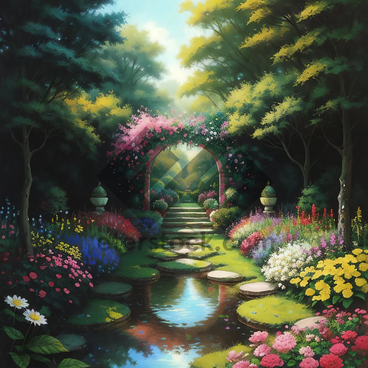 Picture of Ornate temple fountain emitting radiant light artwork