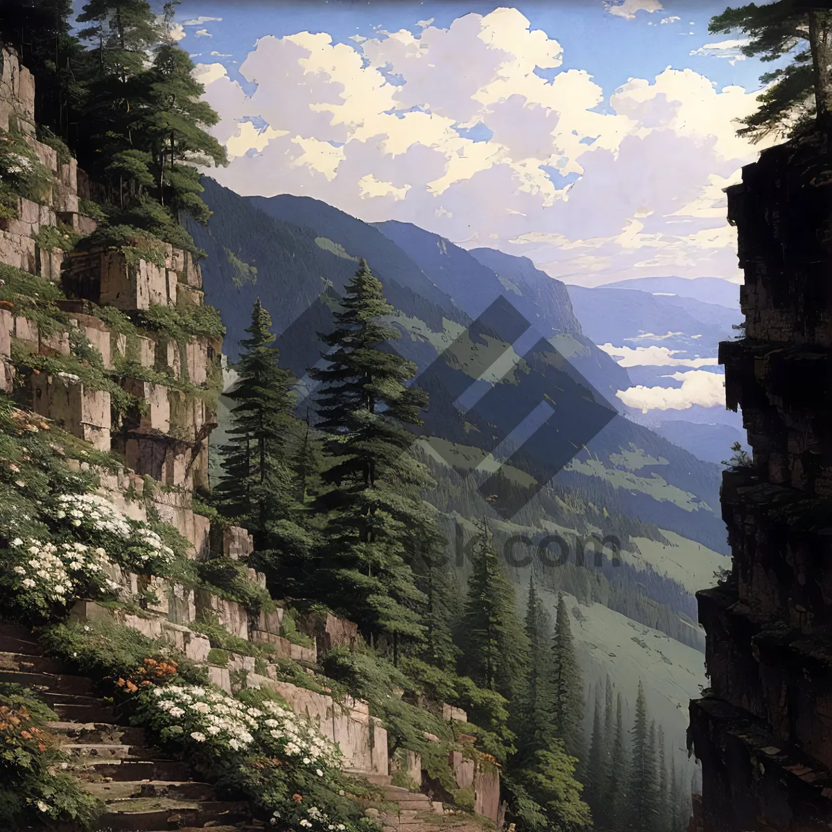 Picture of Majestic Mountain Range in Serene Valley