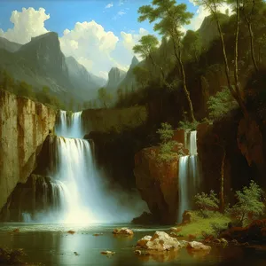 Serene Forest Waterfall amidst Majestic Mountains