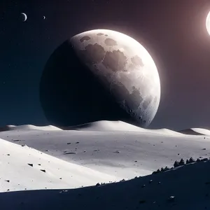 Dark Moonlit Fantasy Landscape in Space with Stars