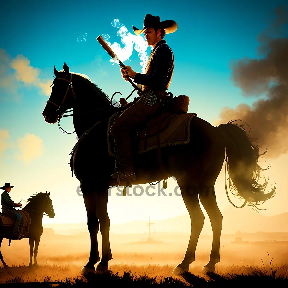 Picture of Silhouetted Cowboy Riding Into the Sunset