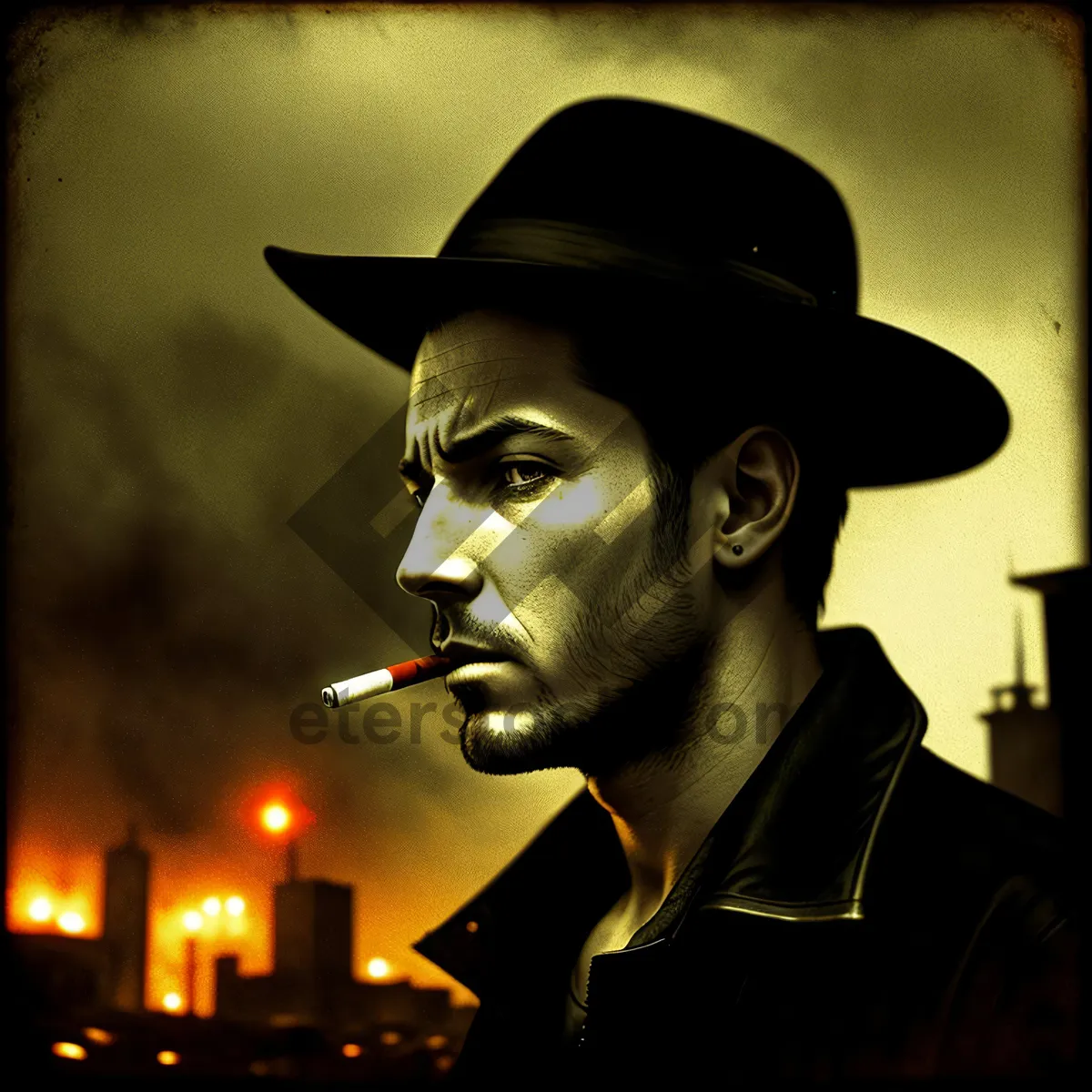 Picture of Sexy Cowboy: Attractive Man with Black Cowboy Hat and Cigarette