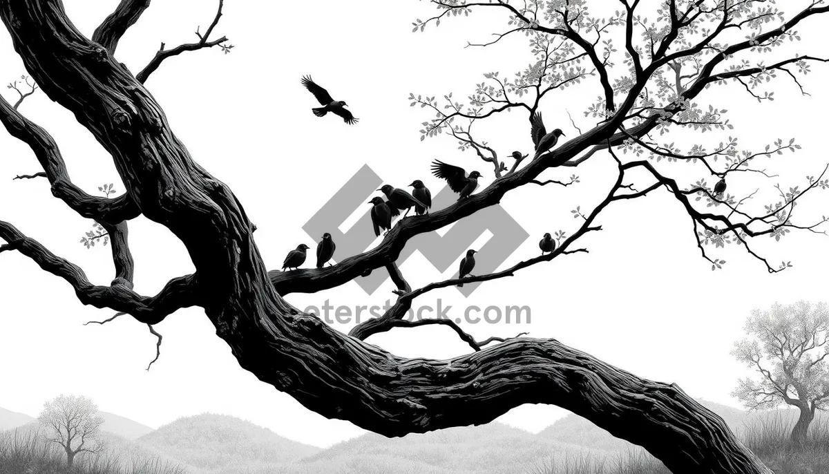 Picture of Silhouette of bird perched on pine tree branch.