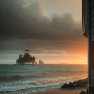 Sunset Voyage: Serene Ocean View with Shipwreck