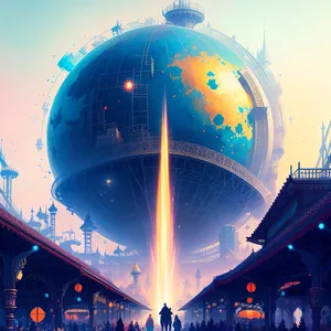 World Sphere: Vibrant Balloon and Glowing Water Tower