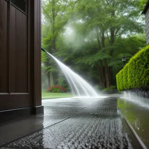 Sprinkler Fountain on Busy City Street