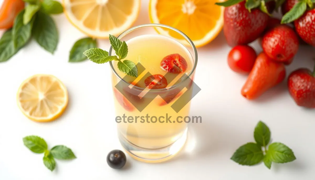 Picture of Delicious fruit platter with glass of vodka.