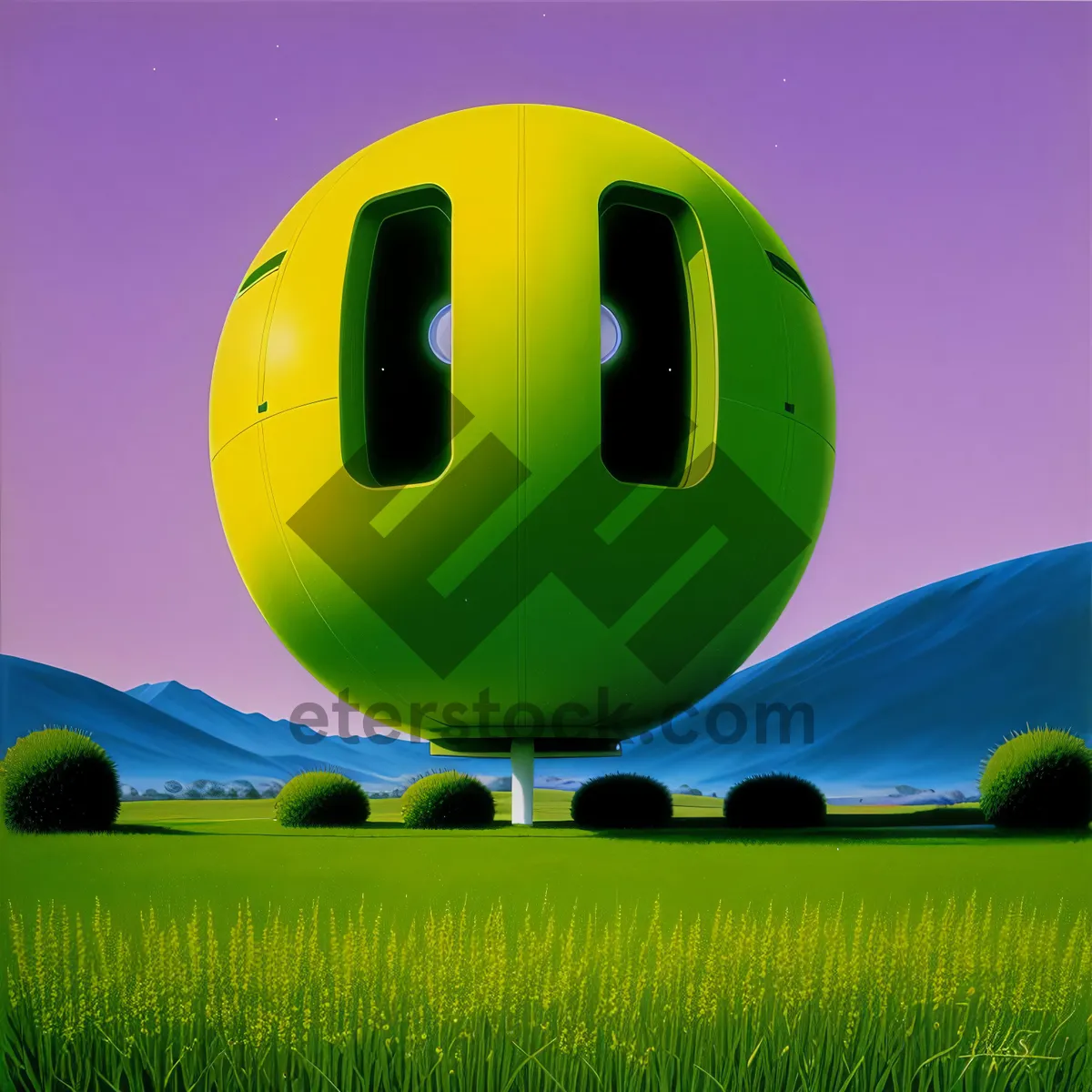 Picture of Airship hovering over picturesque countryside.