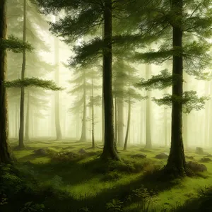 Serene Forest Path with Sunlight Filtering Through Mist