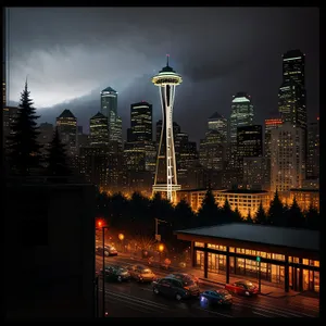 Nighttime Cityscape: Urban Skyscrapers Illuminate the River