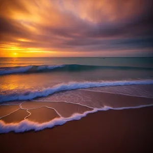 Golden hour over tranquil ocean beach