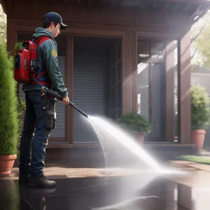 Male Cleaner Using Crutch Outdoors with Device