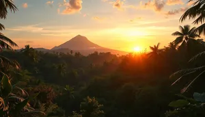 Orange sunset over mountain landscape silhouette.