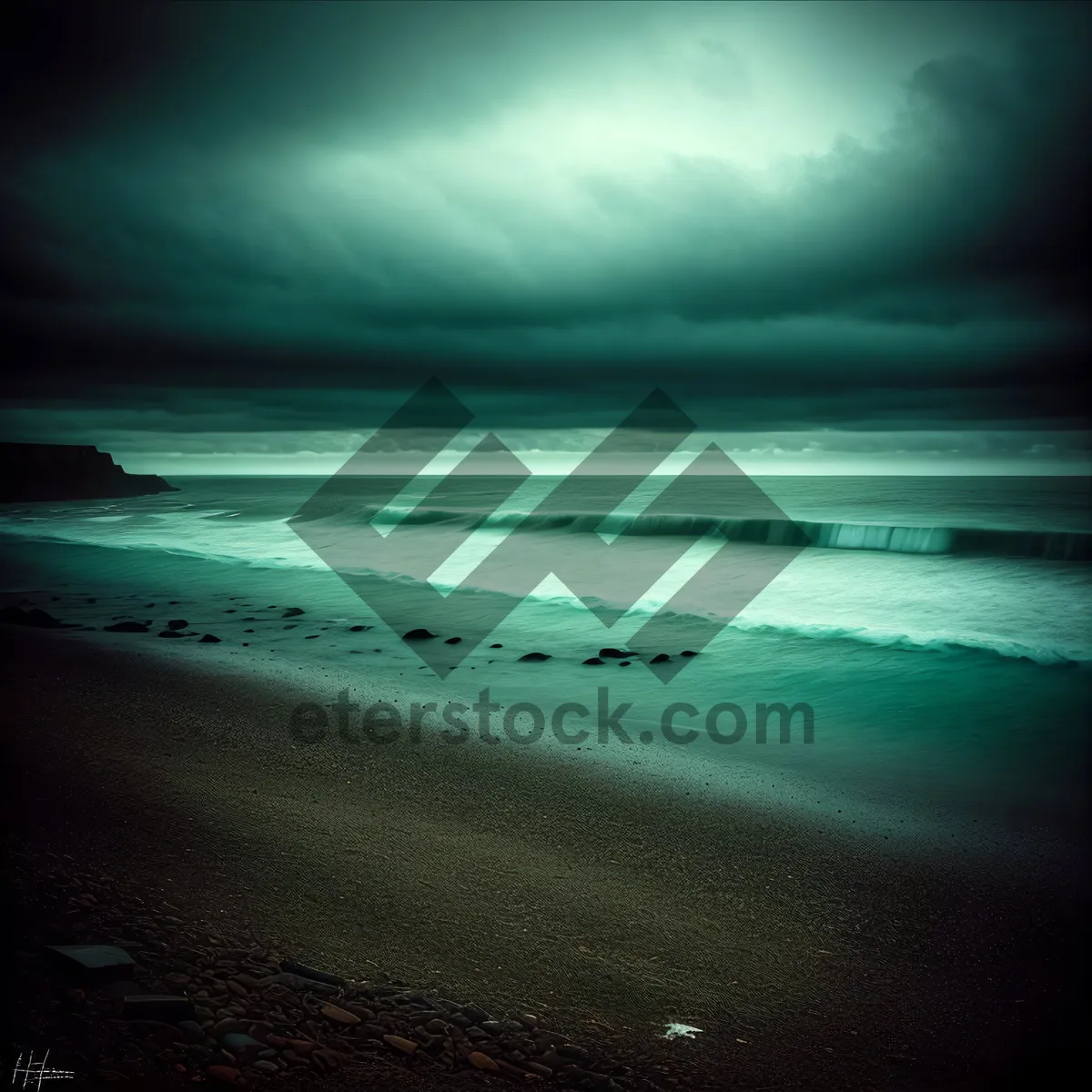 Picture of Beach Sunset Reflection over Waves and Horizon