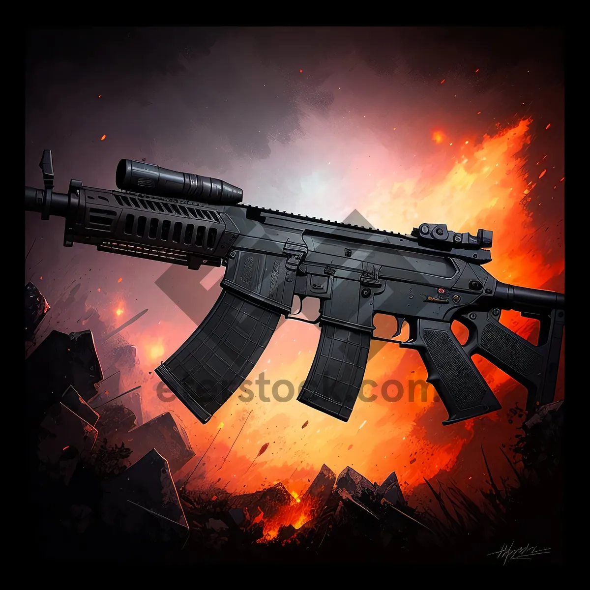 Picture of Skyfire: Night Sky Illuminates Assault Rifle