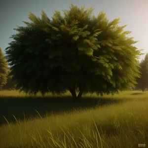 Golden Tree in Rural Landscape Against Blue Sky