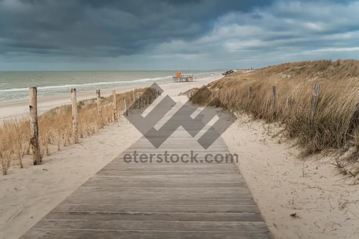 Picture of Serene beach landscape with barrier and clouds