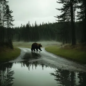 Bison grazing by serene river in forest