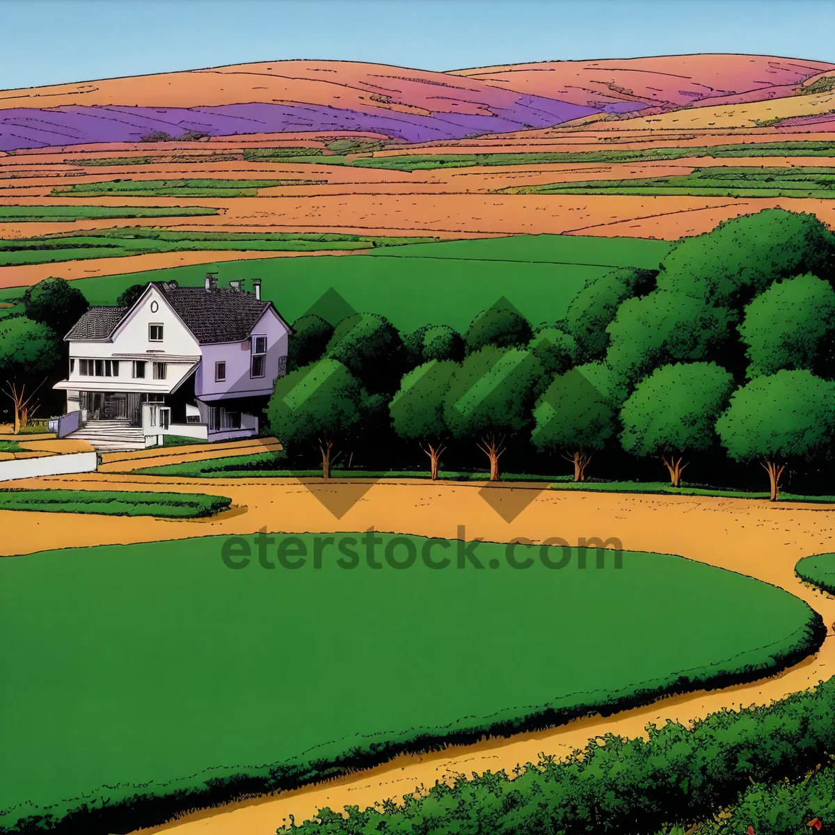 Picture of Idyllic Baseball Field Surrounded by Scenic Countryside