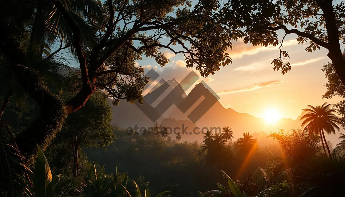 Picture of Orange Sunset Silhouette in Park with Mountain View