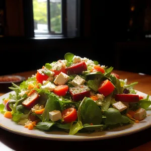 Fresh and Healthy Vegetable Salad Plate with Meat