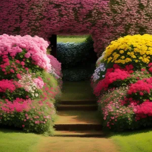 Colorful Spring Garden Landscape with Flowering Trees