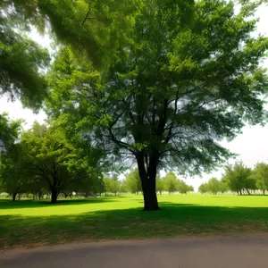 Serene Summer Landscape with Majestic Trees and Lush Greenery